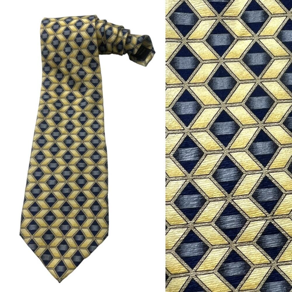 Zianetti Neck Tie Italian Silk Blue Yellow Diamond Print Suit Accessories Formal